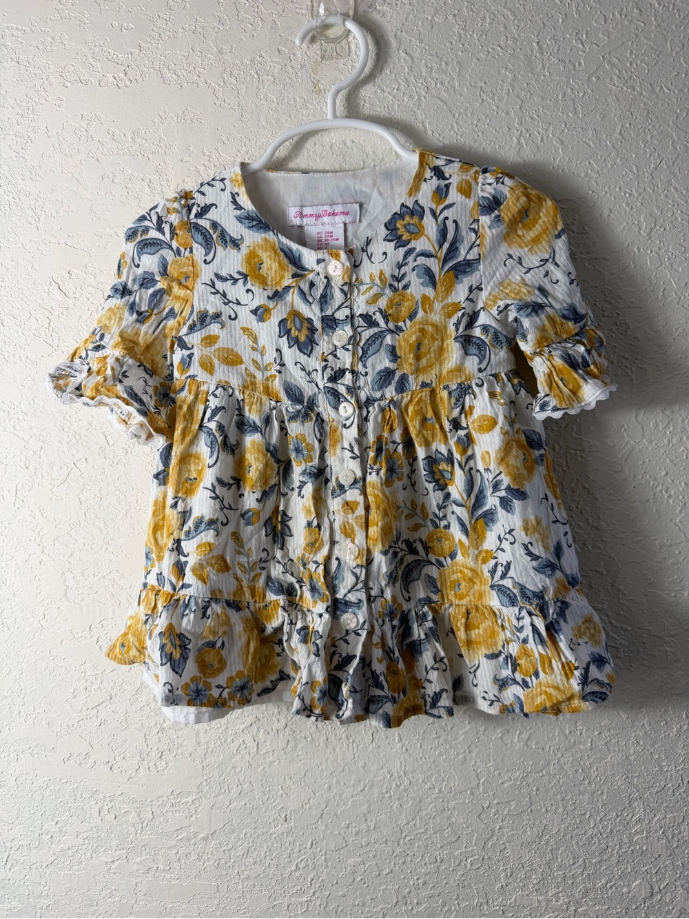 Tommy Bahama Girls Yellow Floral Dress Short Sleeve Ruffle Bottom Sz 24M